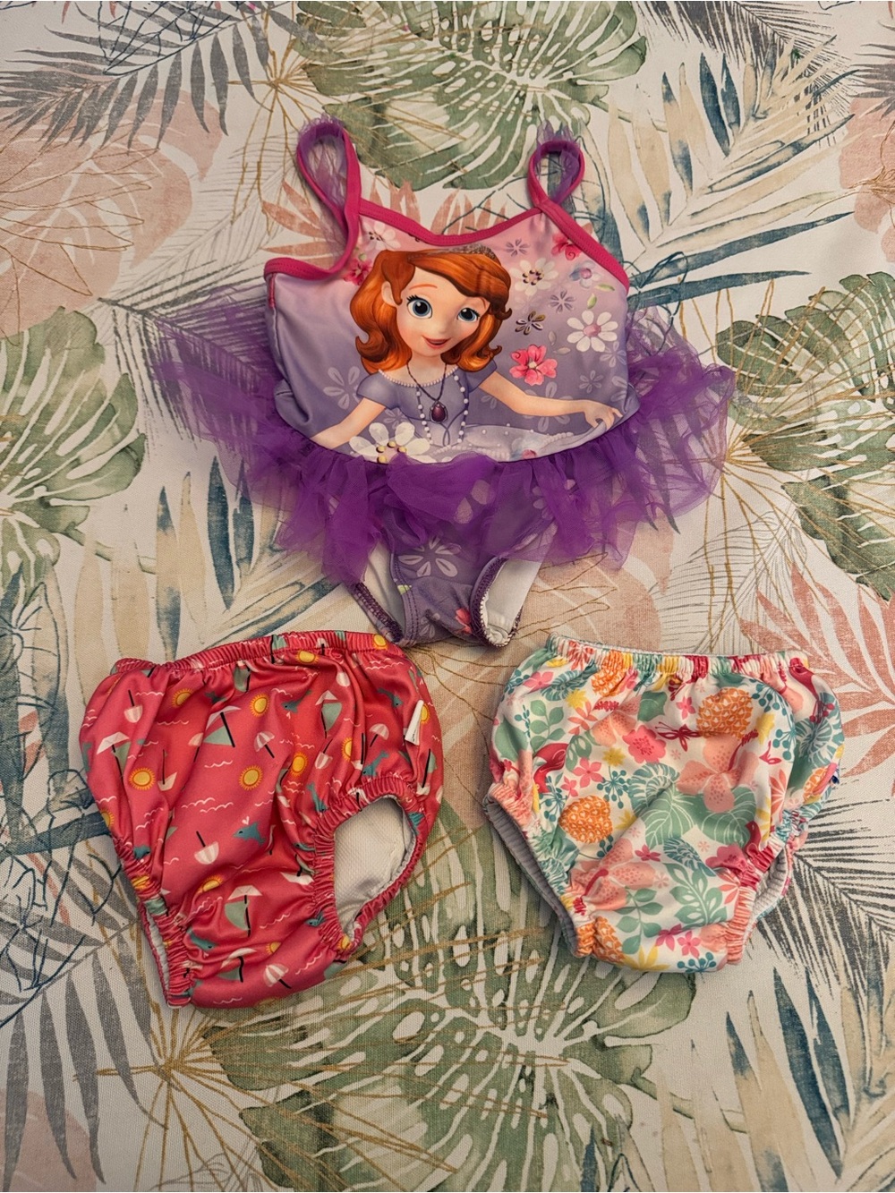 Disney Purple Sophia the First tutu swimsuit and 2 swim diapers lot